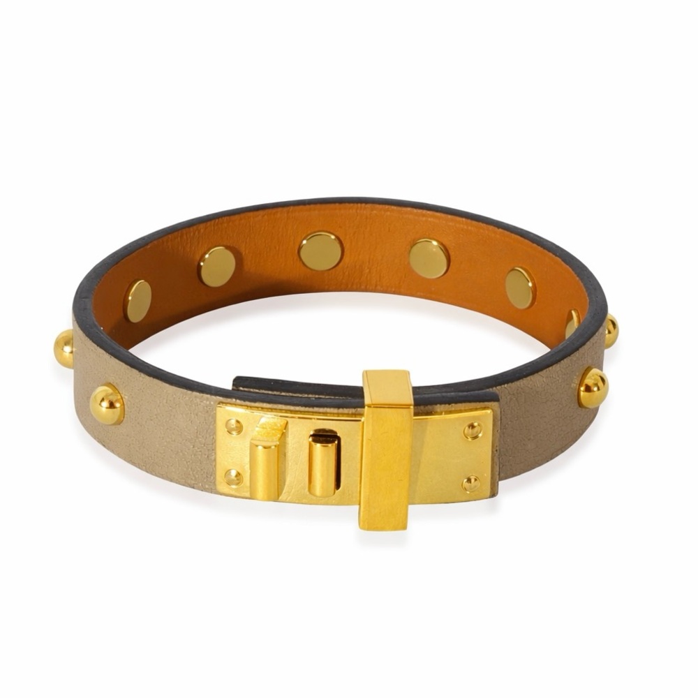 HERMÈS Mini Dog Clous Ronds Taupe Swift Leather Wrap Gold Studded Bracelet